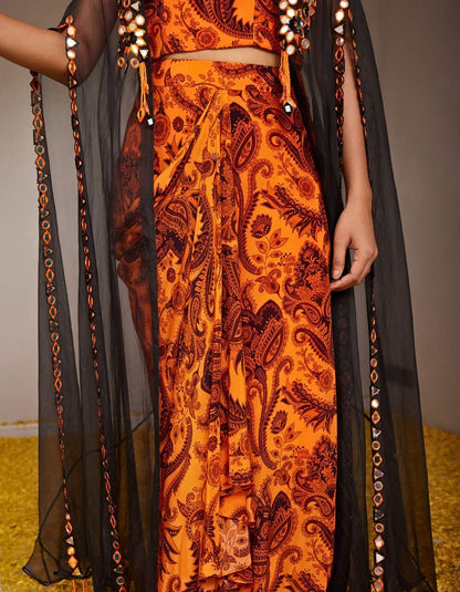Genda Orange Drape Skirt & Cape Set