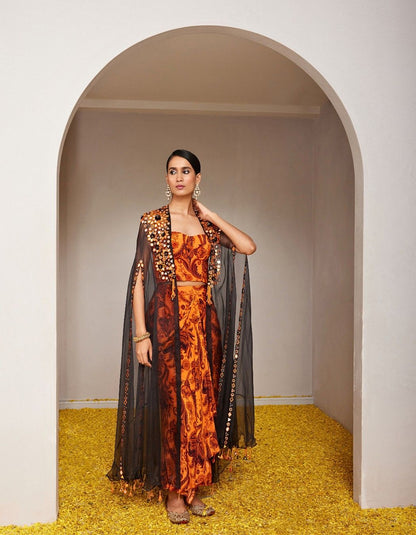 Genda Orange Drape Skirt & Cape Set