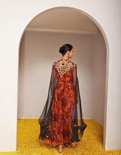 Genda Orange Drape Skirt & Cape Set