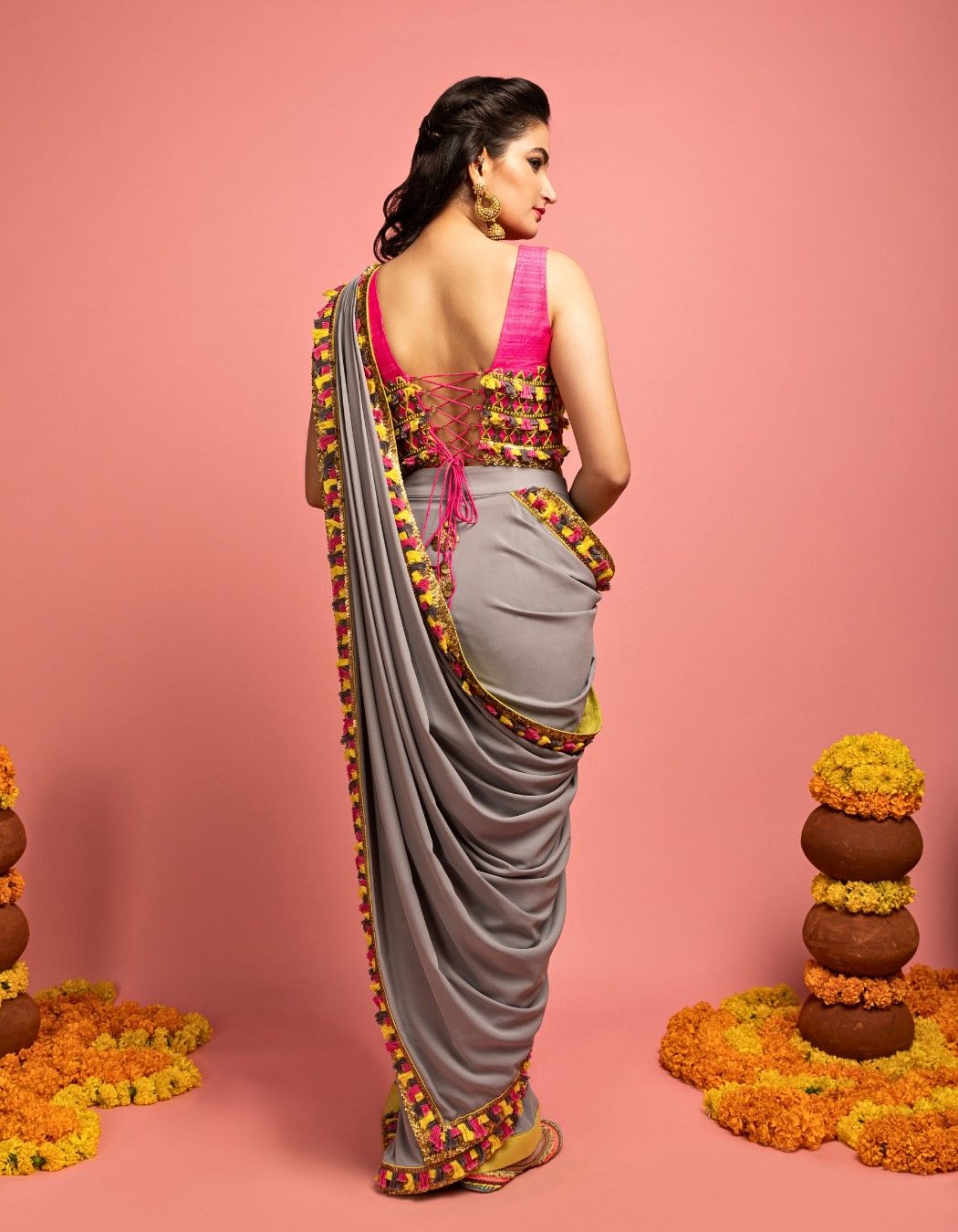 Grey Pre-Draped Saree