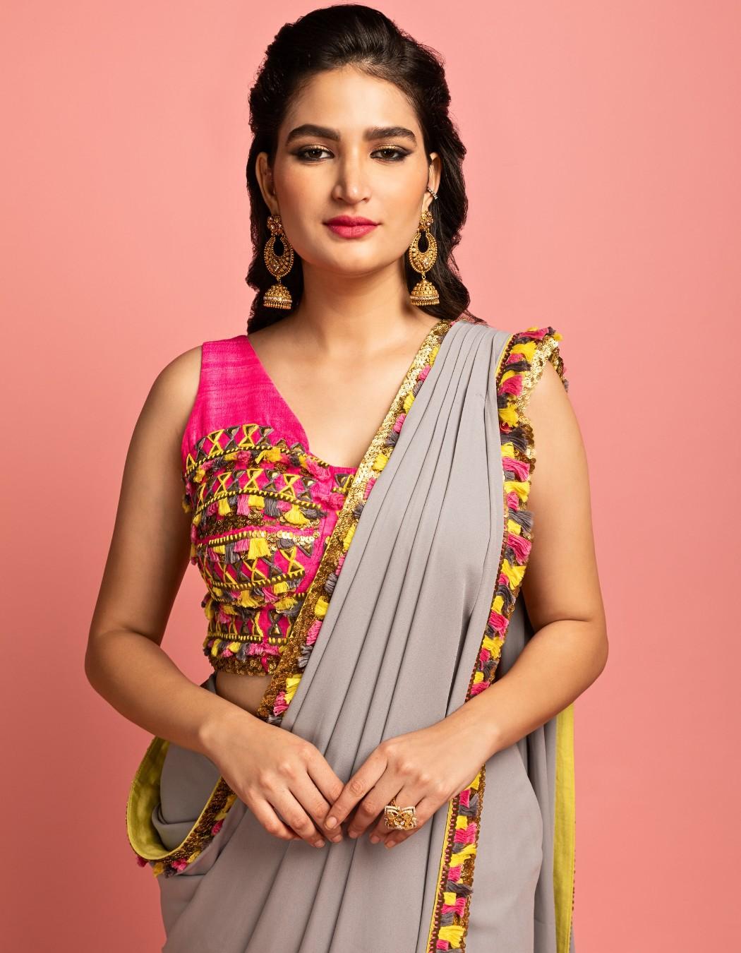 Grey Pre-Draped Saree