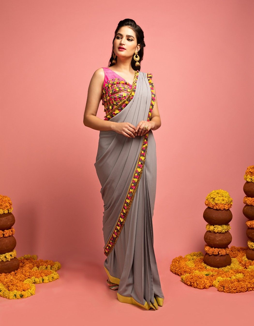 Grey Pre-Draped Saree