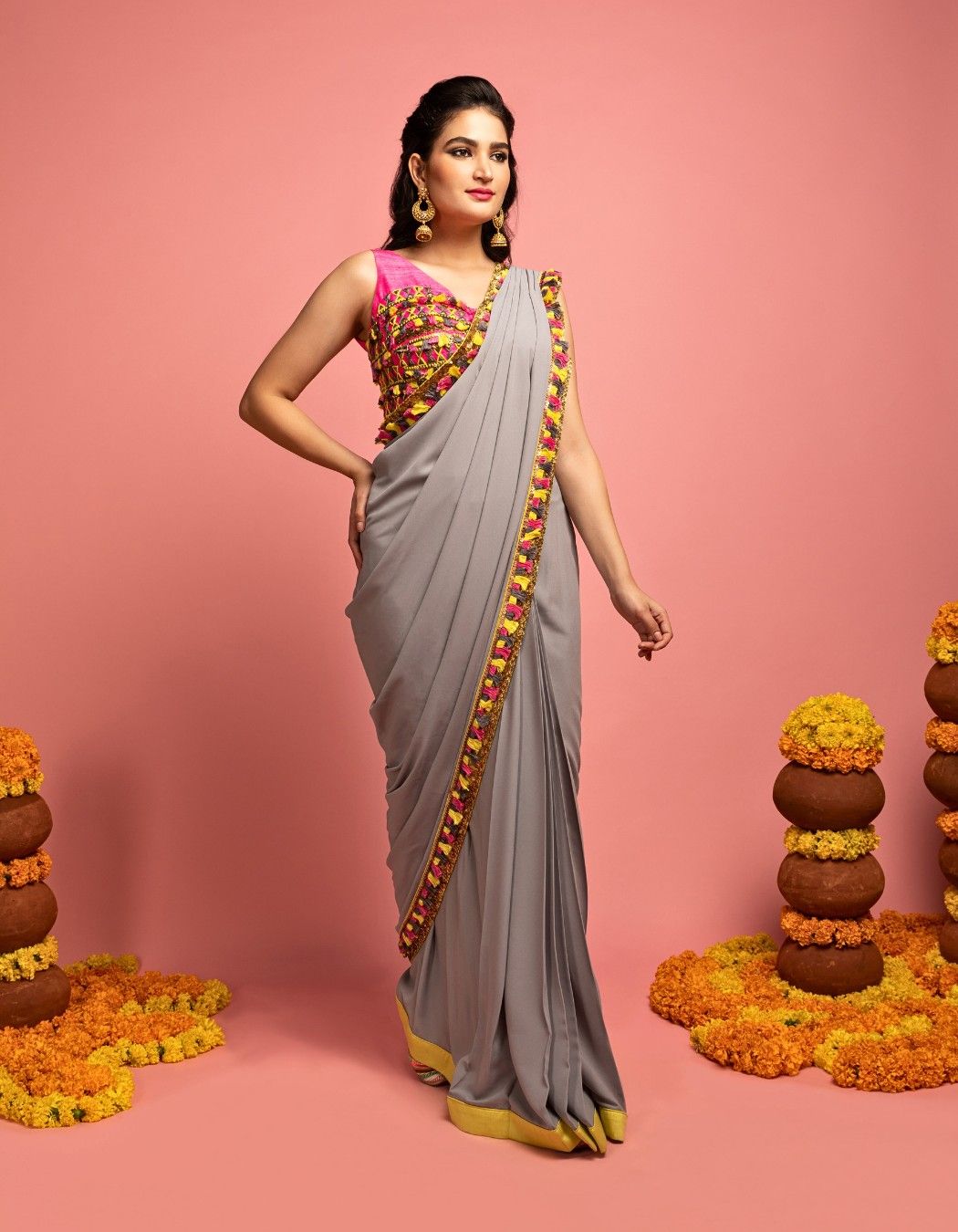 Grey Pre-Draped Saree