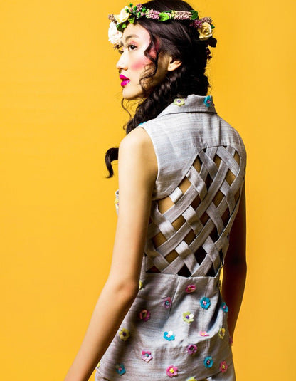 Icy Grey Blazer Set With Mesh Back