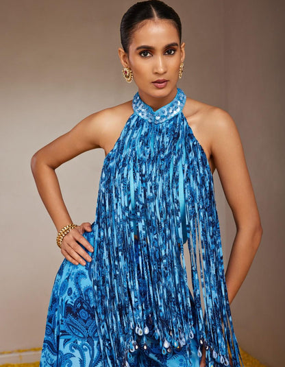 Krishna Blue Tassel Blouse & Sharara