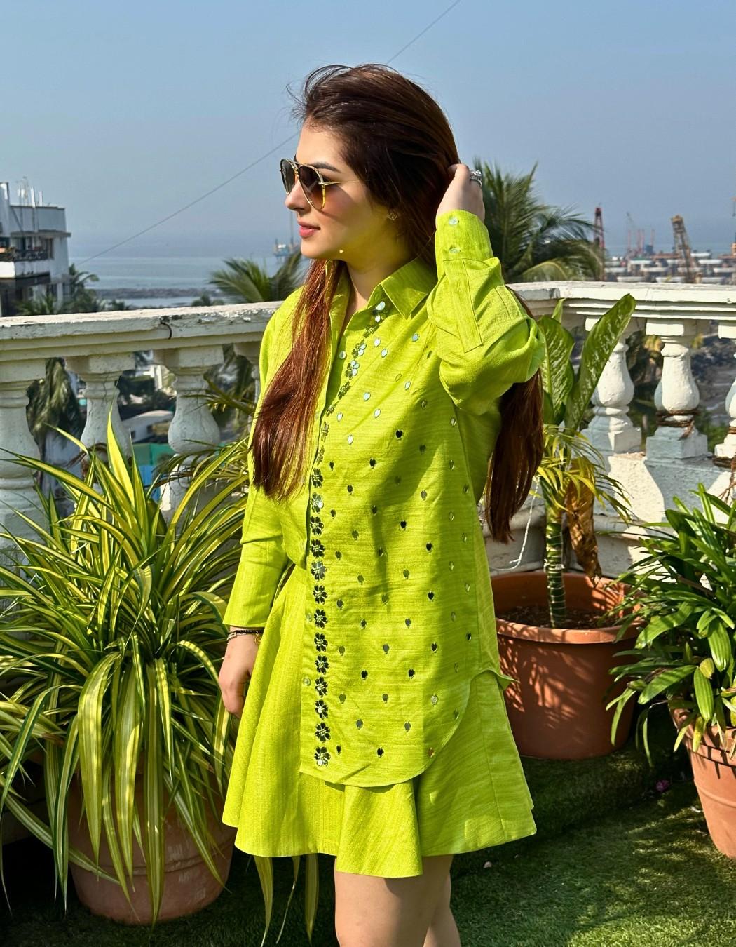 Lime Green Shirt & Skirt Set