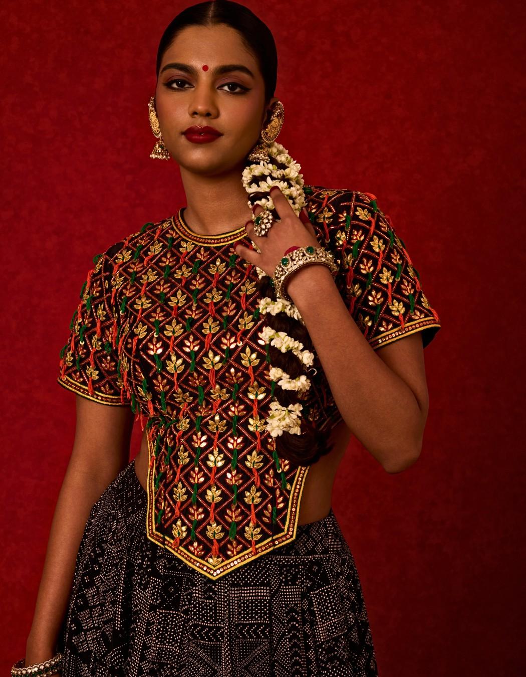 Long Embroidered Top with Printed Skirt