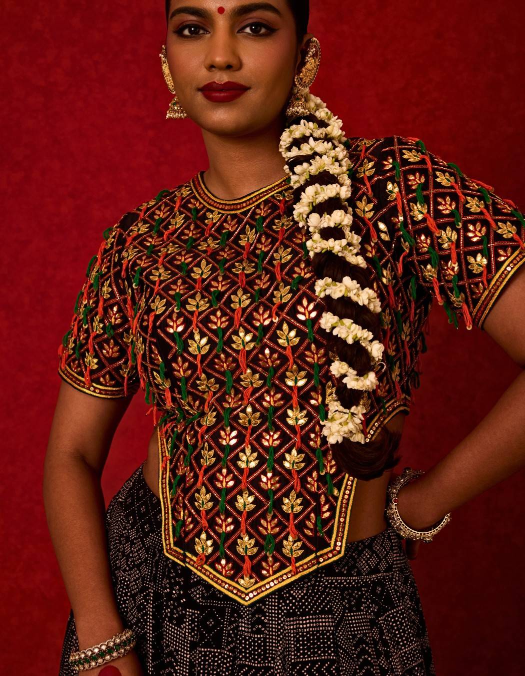 Long Embroidered Top with Printed Skirt