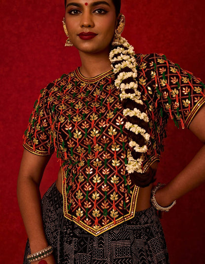 Long Embroidered Top with Printed Skirt