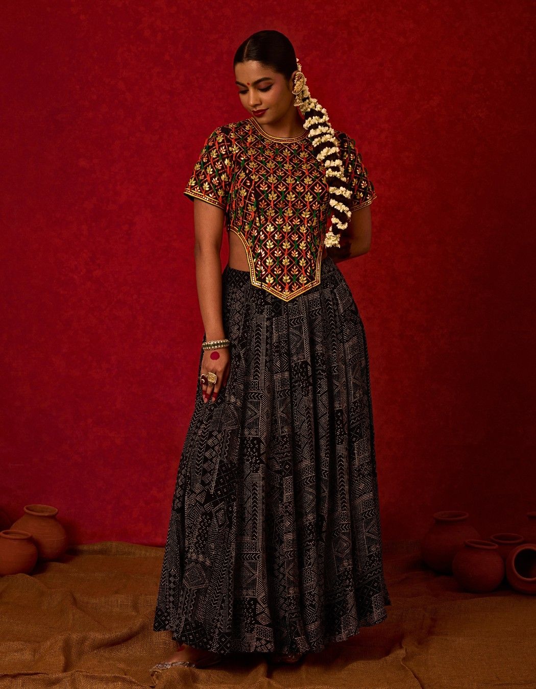 Long Embroidered Top with Printed Skirt