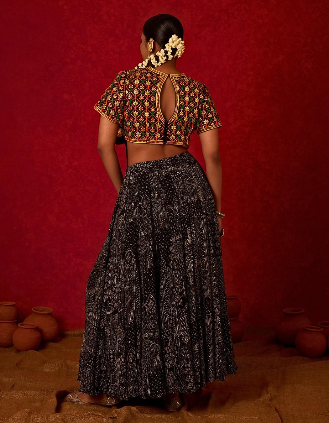 Long Embroidered Top with Printed Skirt