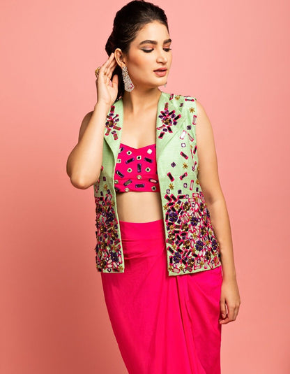 Mint Green & Pink Drape Skirt Set With Blazer