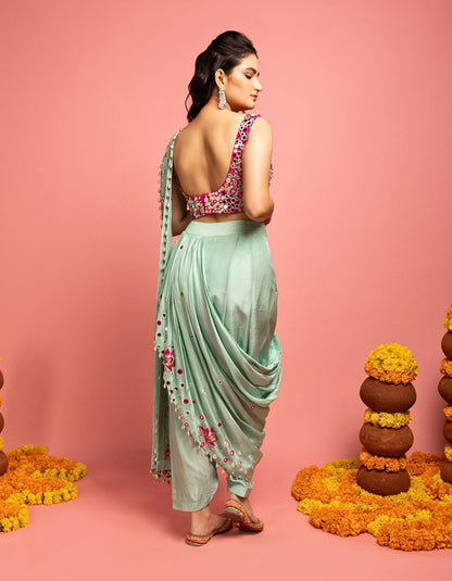 Mint Green Pre-Draped Saree With Low-Crotch Pants.