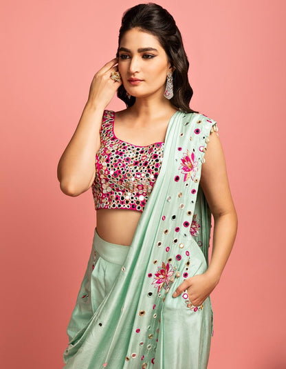 Mint Green Pre-Draped Saree With Low-Crotch Pants.