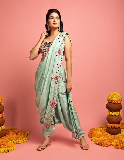 Mint Green Pre-Draped Saree With Low-Crotch Pants.