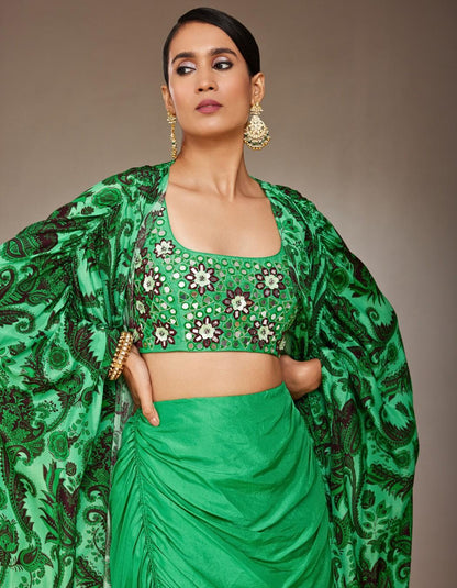Morni Green Drape Skirt & Cape Set