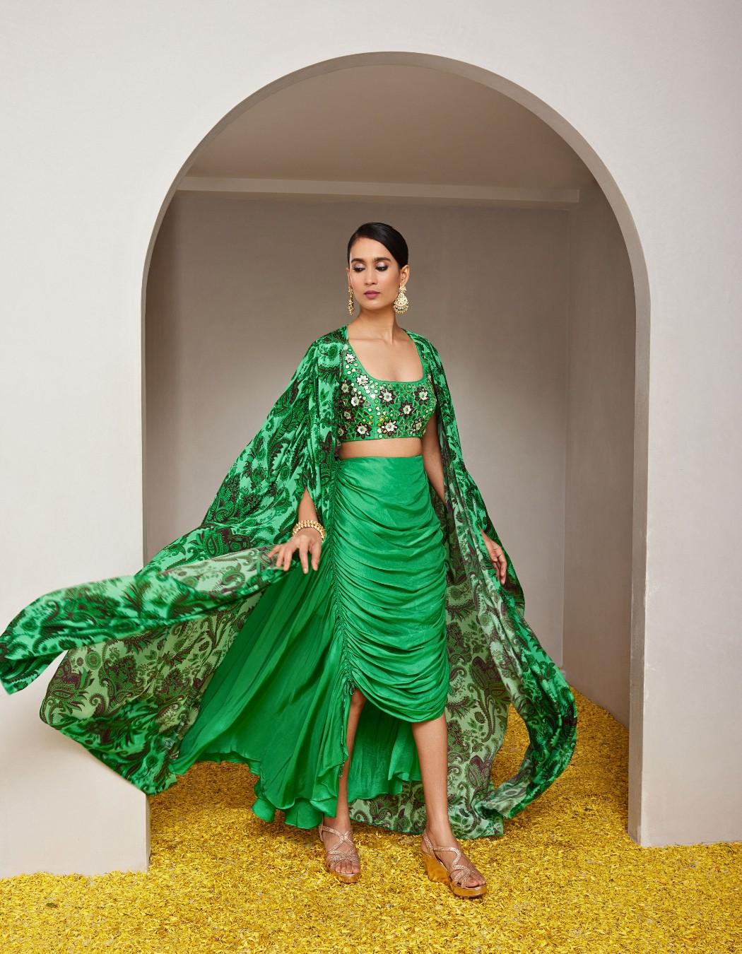 Morni Green Drape Skirt & Cape Set