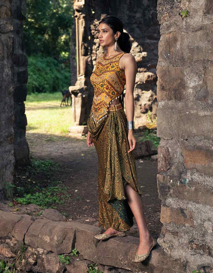 Mustard Yellow Drape Skirt & Tie-up Dori  Blouse