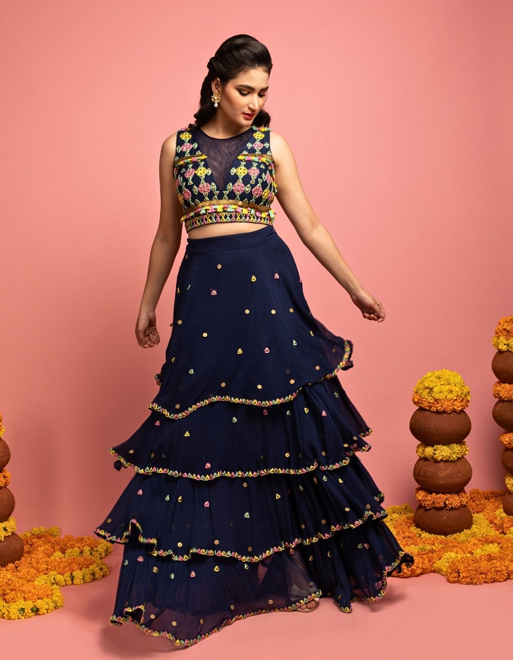 Navy Blue Tiered Lehenga