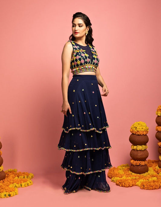 Navy Blue Tiered Lehenga