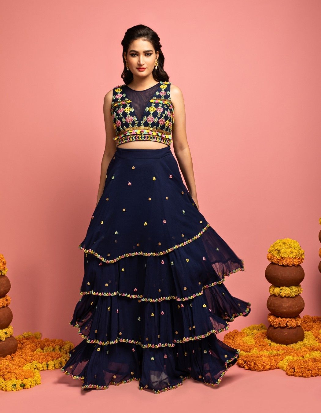 Navy Blue Tiered Lehenga
