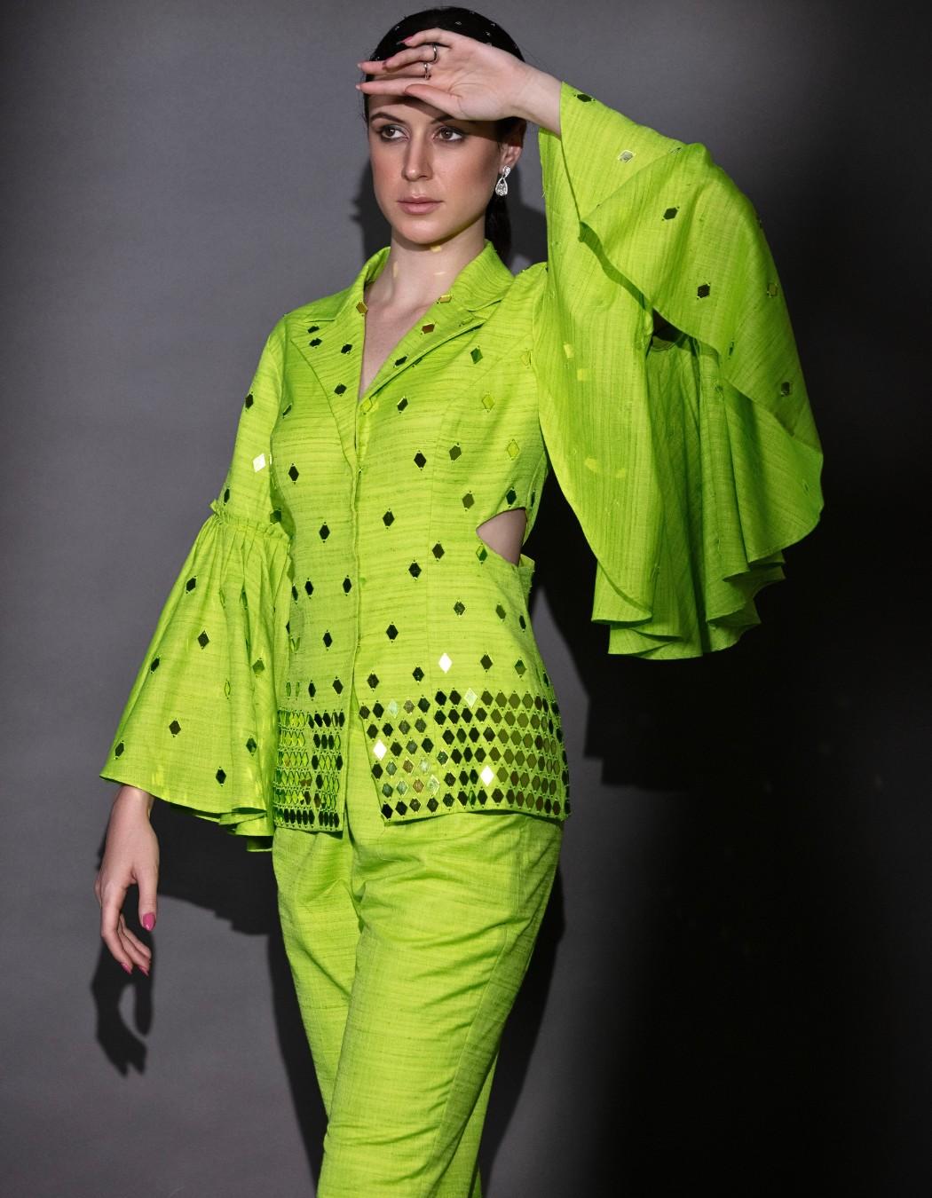 Neon Green Bell Sleeves Blazer Set