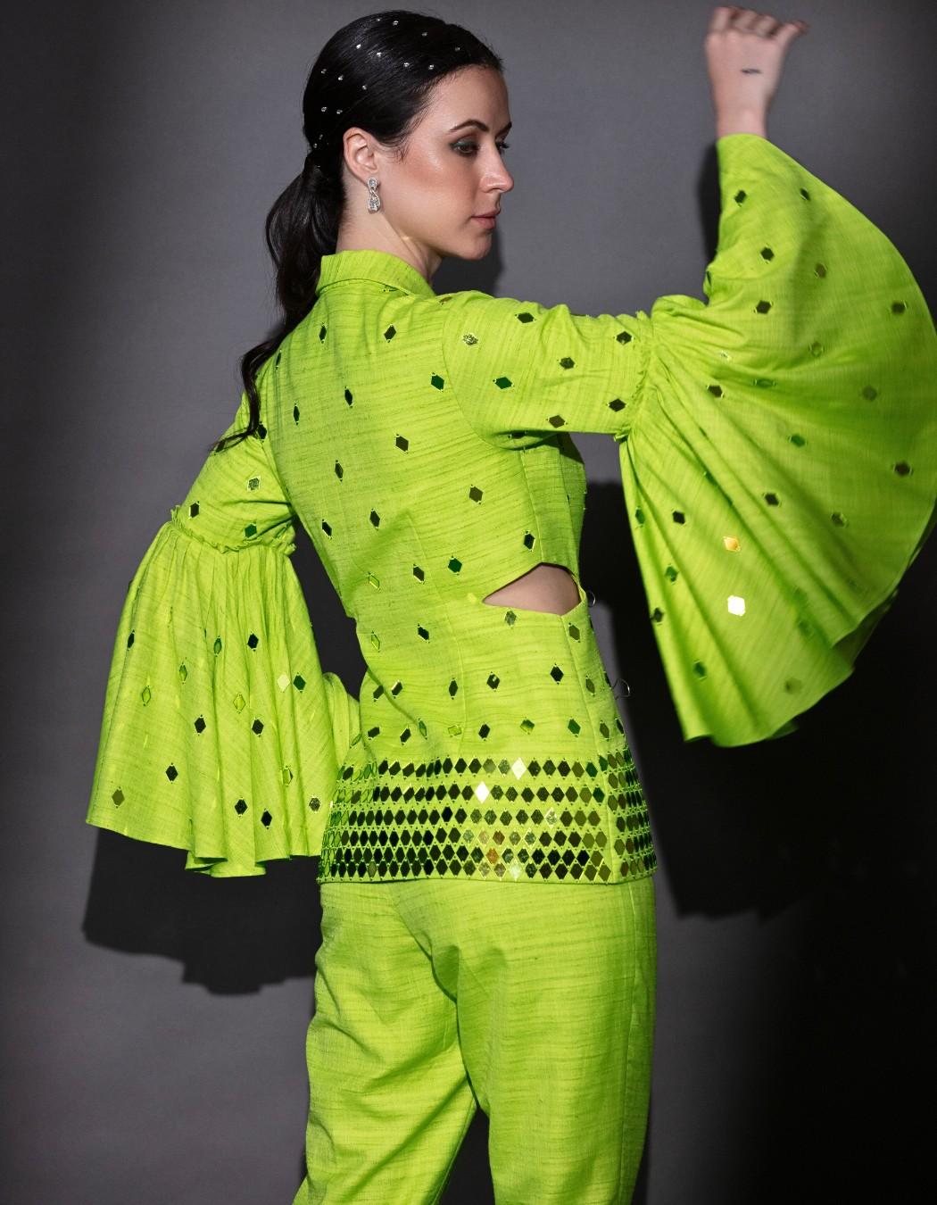 Neon Green Bell Sleeves Blazer Set