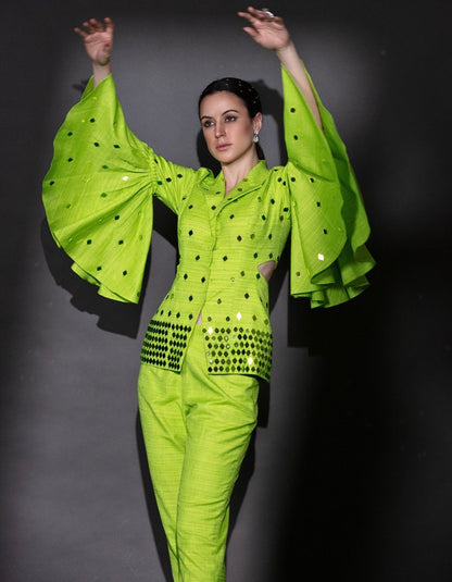 Neon Green Bell Sleeves Blazer Set