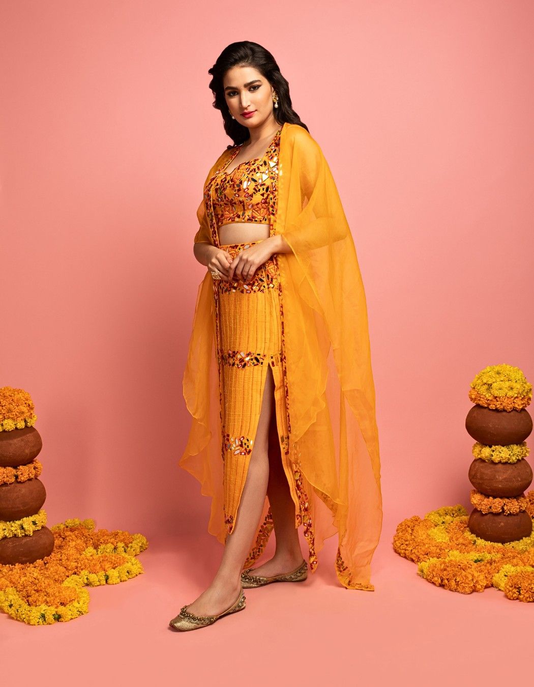 Orange Cape Set With Pencil Skirt