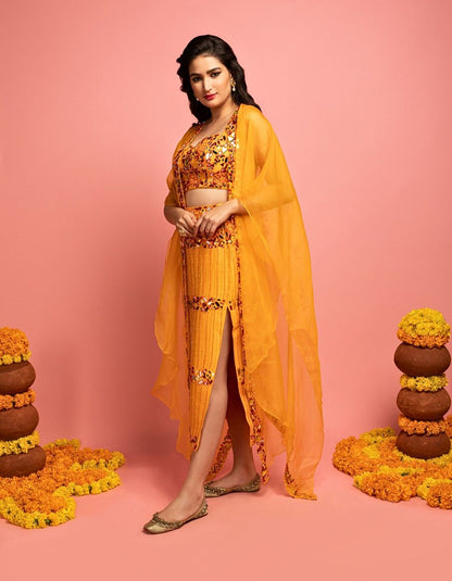 Orange Cape Set With Pencil Skirt