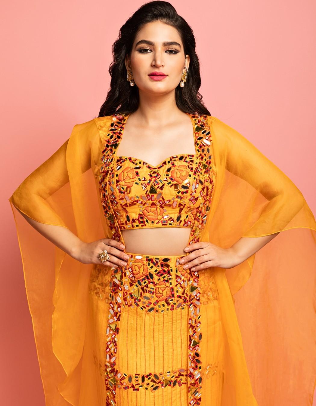 Orange Cape Set With Pencil Skirt