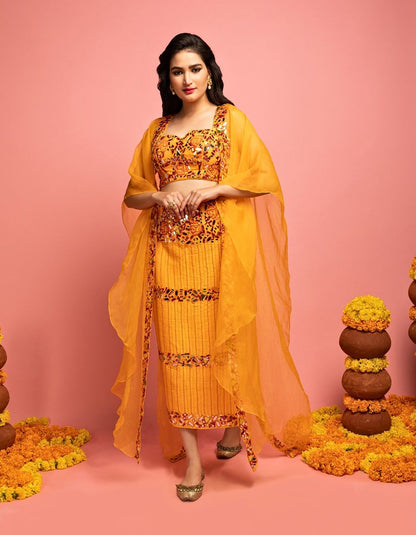 Orange Cape Set With Pencil Skirt