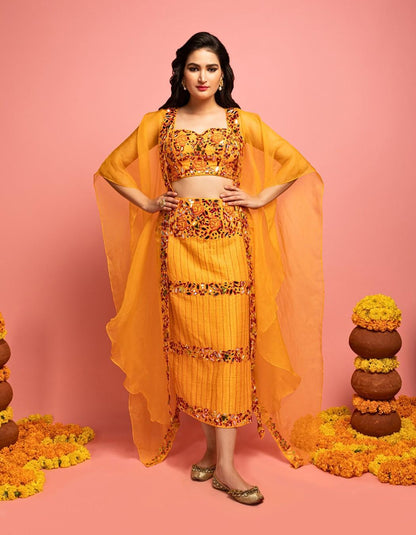 Orange Cape Set With Pencil Skirt