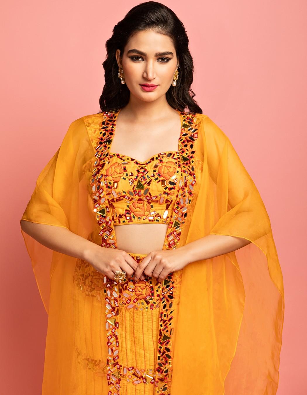 Orange Cape Set With Pencil Skirt