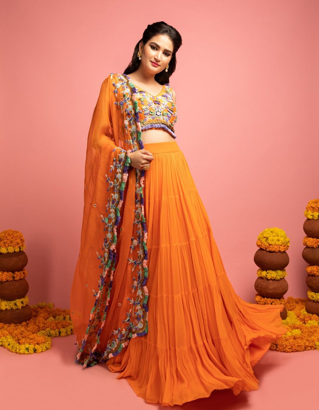 Orange Tiered Lehenga