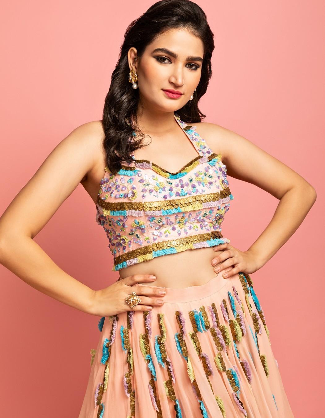 Peach Pink Ankle Length Lehenga Choli