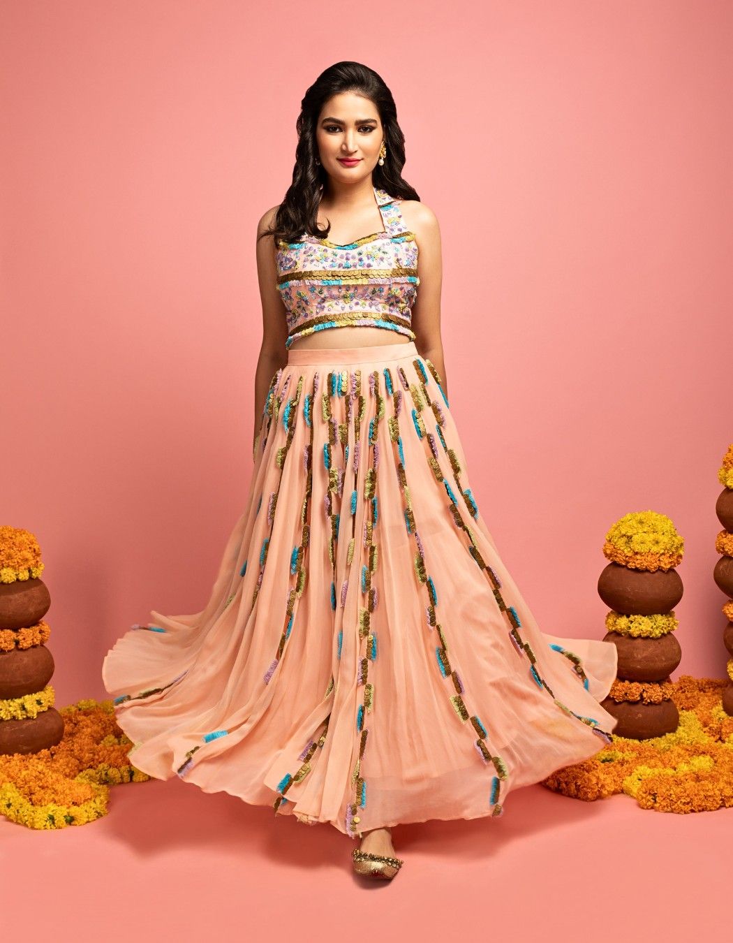 Peach Pink Ankle Length Lehenga Choli