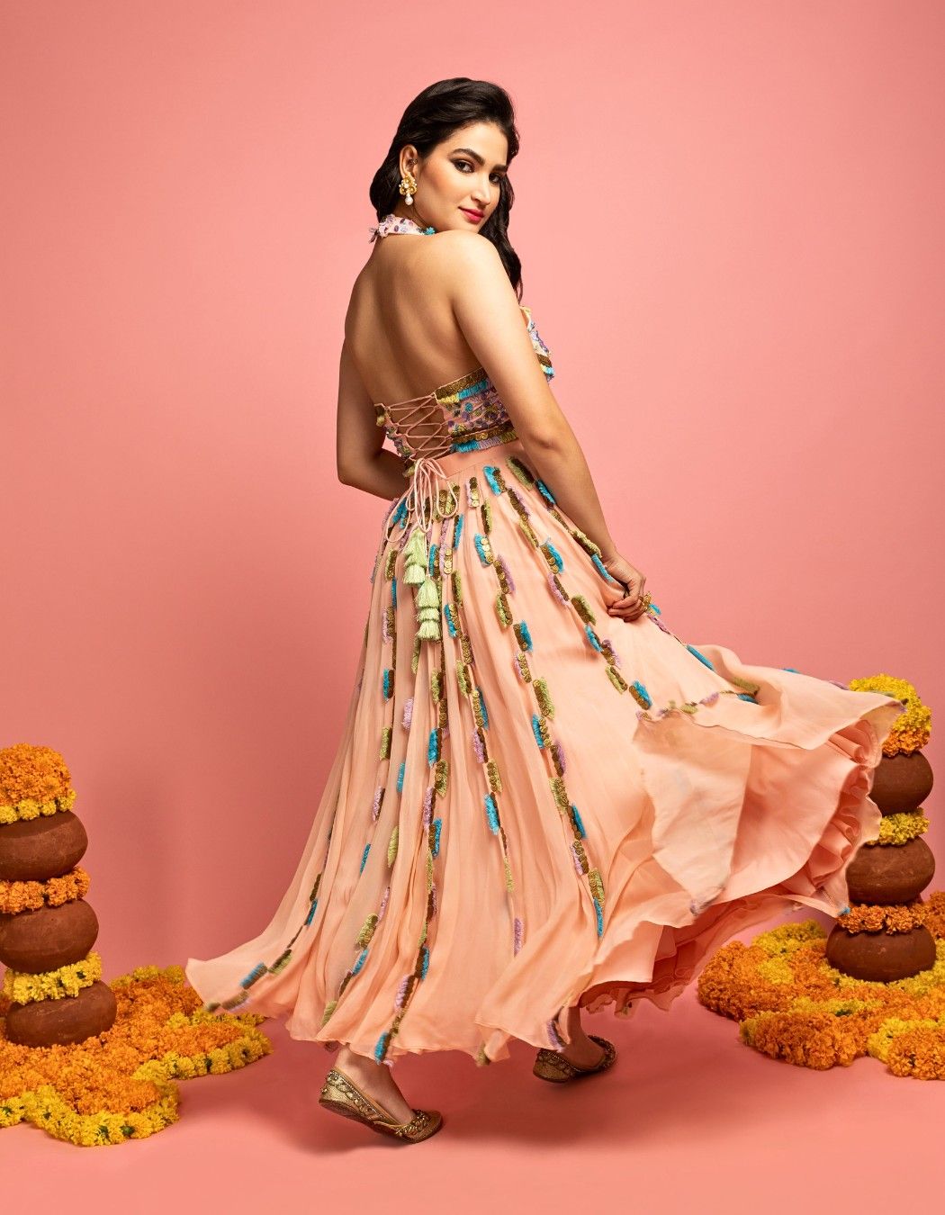 Peach Pink Ankle Length Lehenga Choli