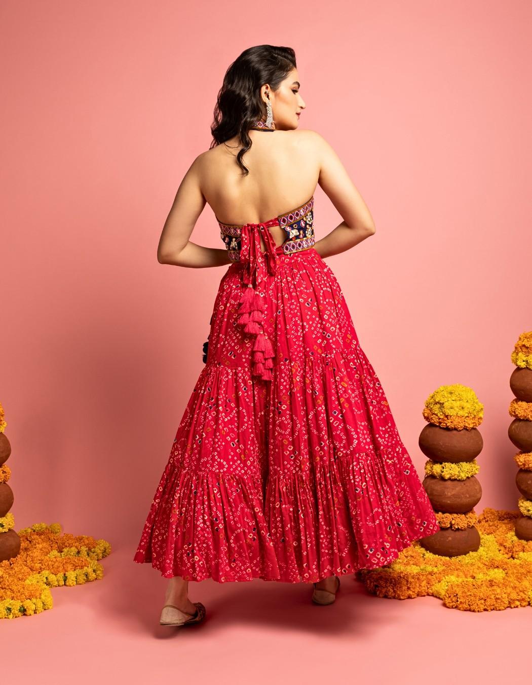 Pink & Blue Bandhani Lehenga Set