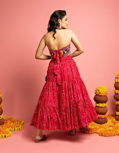 Pink & Blue Bandhani Lehenga Set