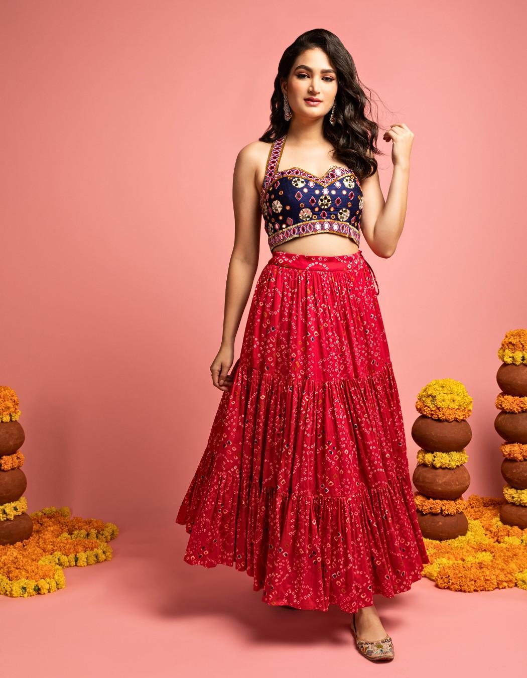 Pink & Blue Bandhani Lehenga Set