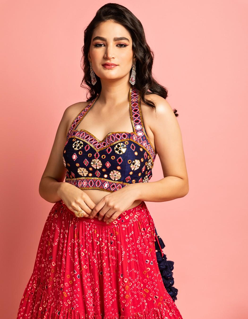 Pink & Blue Bandhani Lehenga Set