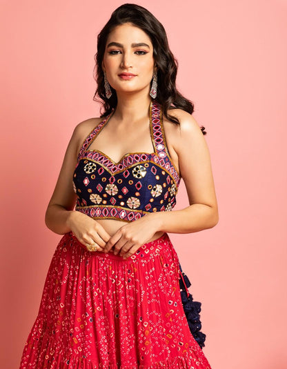 Pink & Blue Bandhani Lehenga Set