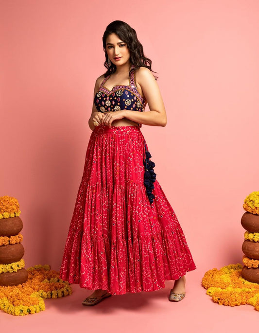 Pink & Blue Bandhani Lehenga Set