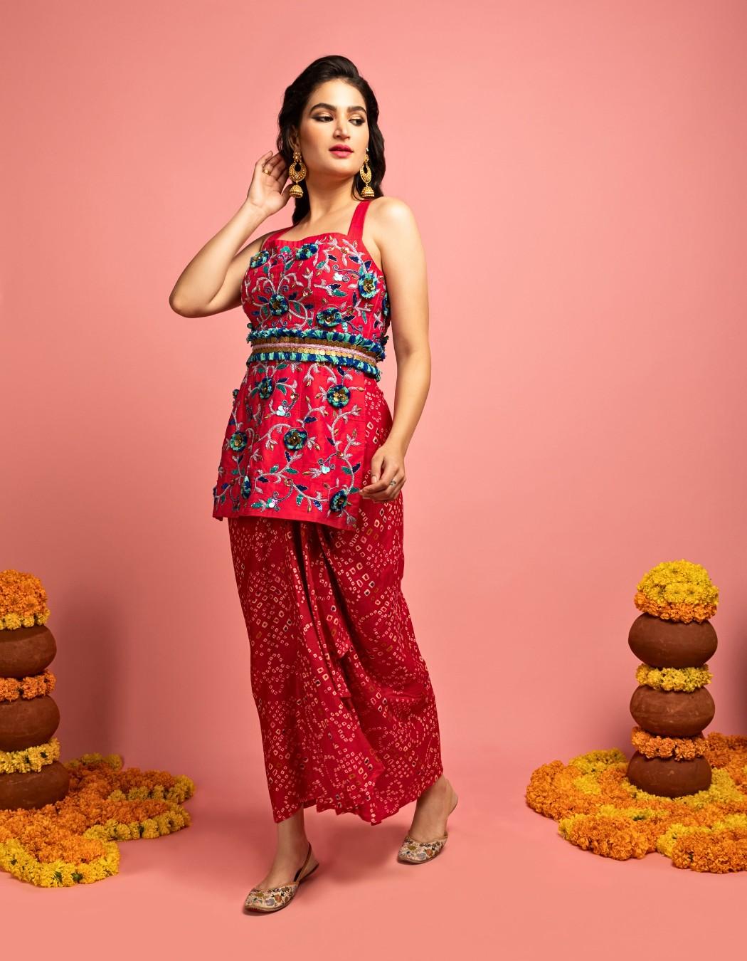 Pink Kurta & Bandhani Drape Skirt