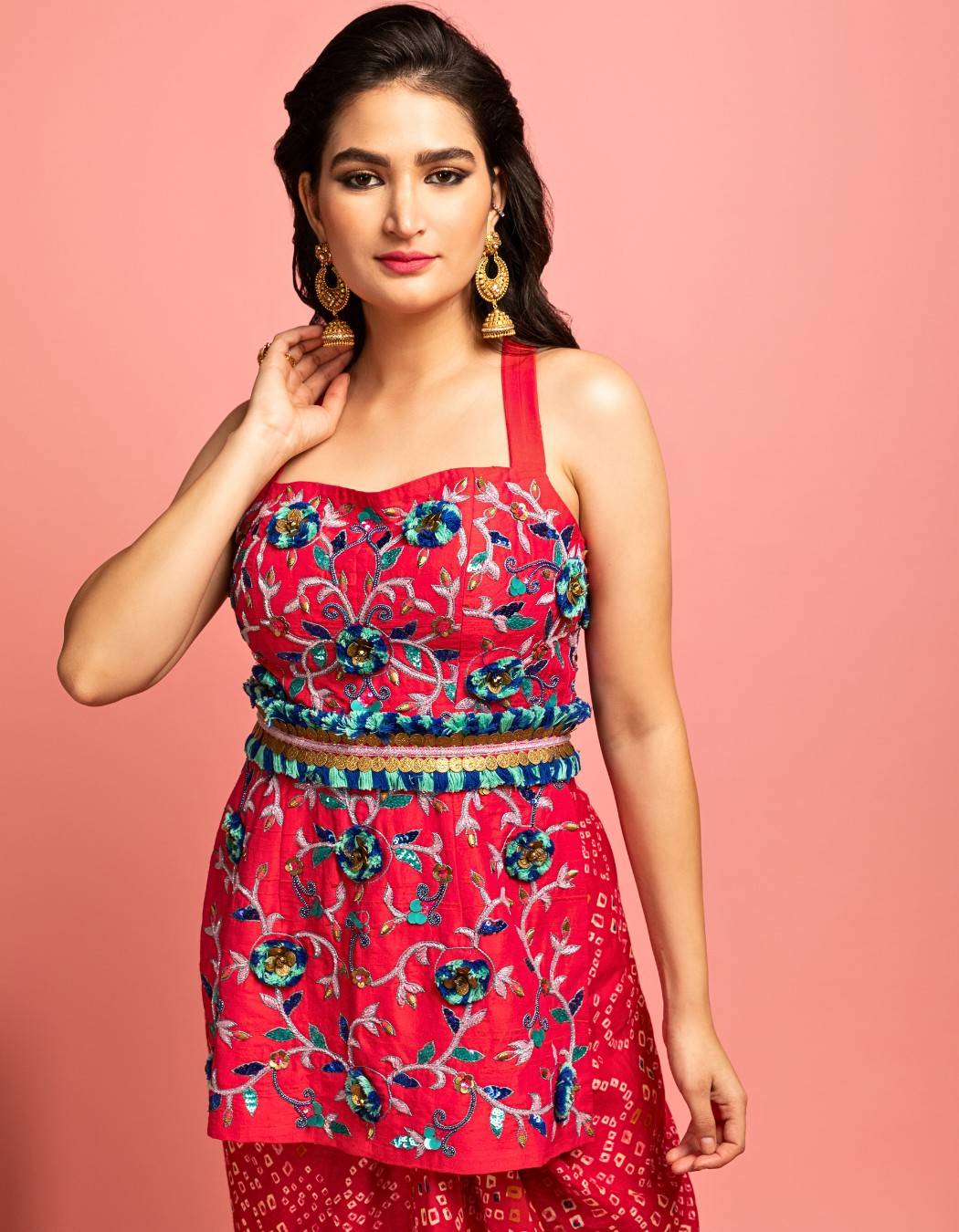 Pink Kurta & Bandhani Drape Skirt