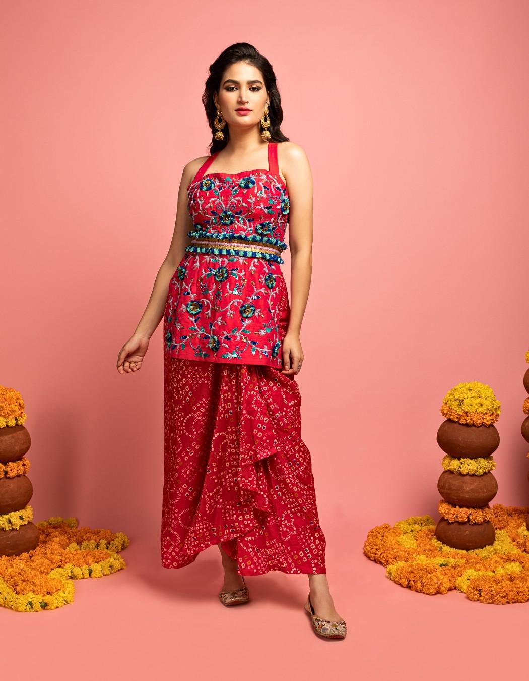 Pink Kurta & Bandhani Drape Skirt