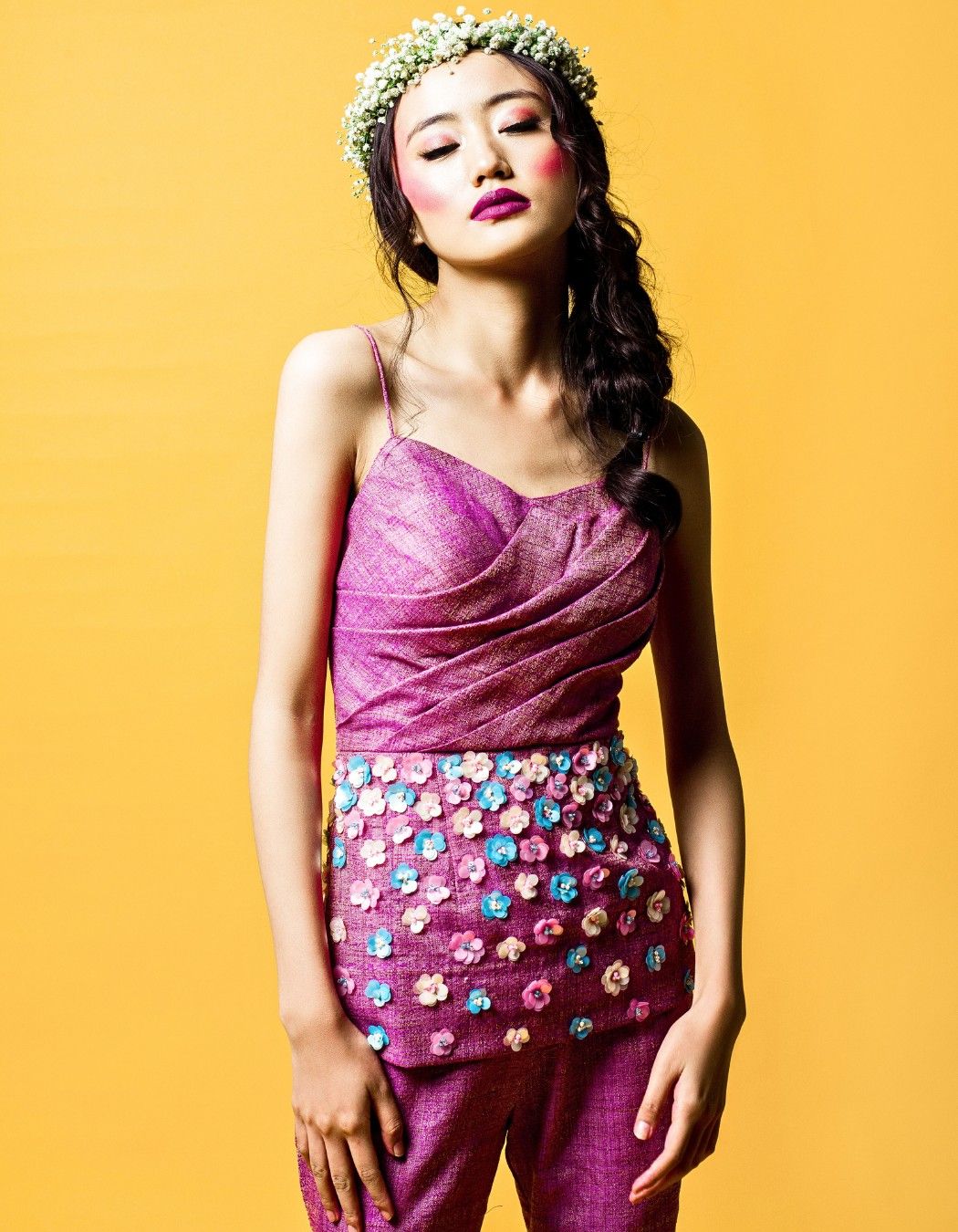 Purple Pleated Peplum Top & Pants