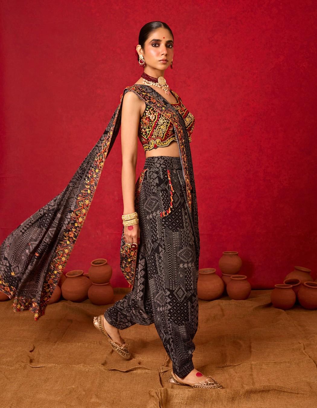 Saree Drape Set with Low-Crotch Pants