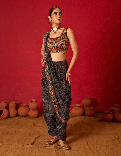 Saree Drape Set with Low-Crotch Pants